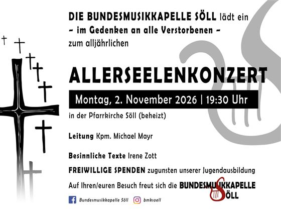 Ein Plakat für das Allerheiligenkonzert der Bundesmusikkapelle Söll. Es enthält Informationen zum Datum, zur Leitung und zur Spendenaktion.
