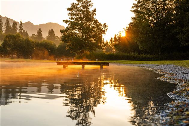 Ein ruhiger See bei Sonnenaufgang mit sanften Nebelschwaden. Eine Holzplattform erstreckt sich ins Wasser, umgeben von Bäumen.