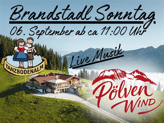 Een uitnodigend evenementposter voor de Brandstad Zondag. Het toont een schilderachtig berglandschap met een gezellige berghut en informatie over livemuziek en de datum van het evenement.
