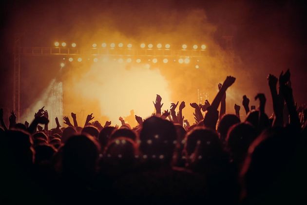 Eine begeisterte Menschenmenge bei einem Konzert. Die Atmosphäre ist lebhaft mit Lichtern und einer hellen Bühnenbeleuchtung.