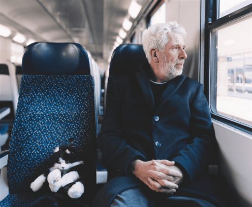 Ein älterer Mann sitzt in einem Zug und schaut nachdenklich aus dem Fenster. Neben ihm liegt ein schwarzes Stofftier.
