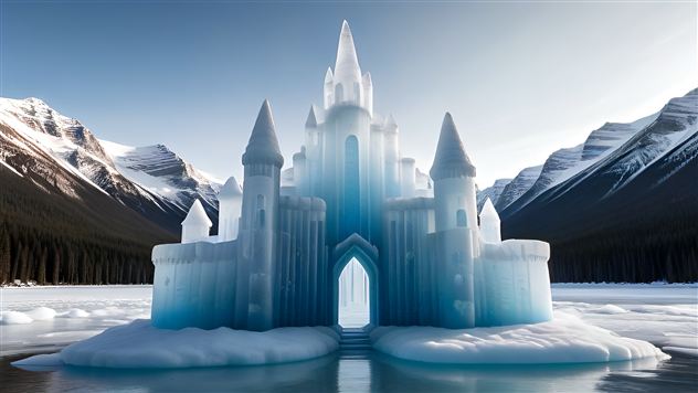 An impressive ice castle stands in the wintry landscape in front of majestic mountains. The sky is clear and the surroundings are surrounded by frozen water.