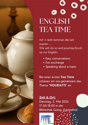 Ein einladendes Tea Time-Event mit einer Teekanne, Tassen und Keksen. Die Veranstaltung fördert Gespräche und den Austausch über das Thema "Ferien".