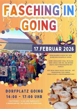 A colorful carnival parade in Going with joyful people in costumes. The event takes place on February 17, 2026, in the village square.