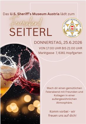 Ein einladendes Plakat für einen Feierabend des U.S. Sheriff’s Museums in Österreich. Der Event findet am 25. Juni 2026 in gemütlicher Atmosphäre statt.