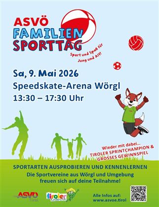 Ein buntes Plakat für den ASVÖ Familientag mit Informationen zum Sportevent. Es zeigt die Veranstaltung am 9. Mai 2026 in der Speedskate-Arena Wörgl.