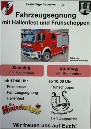 Ein Plakat der Freiwilligen Feuerwehr Itter für eine Fahrzeugsegnung mit Hallenfest und Frühschoppen. Die Veranstaltung findet am 5. und 6. September statt.
