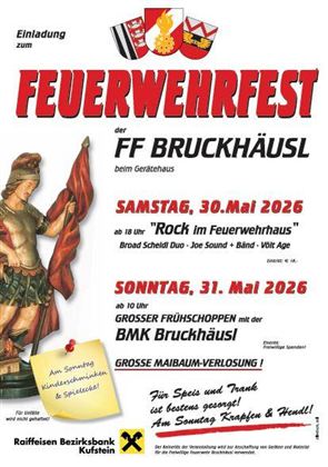 Et indbydende plakat til FF Bruckhäusls brandfest. Det indeholder oplysninger om arrangementer og aktiviteter den 30. og 31. maj 2026.
