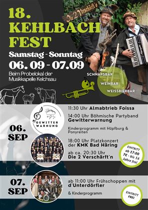Ein Plakat für das 18. Kehlbach Fest, das am 6. und 7. September stattfindet. Es zeigt Informationen zu Veranstaltungen, Zeiten und Musikern sowie eine einladende Atmosphäre.
