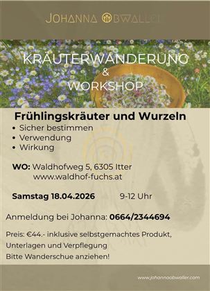 Ein Flyer für einen Kräuterwanderung-Workshop. Informationen zu Ort, Datum und Anmeldung sind aufgelistet.