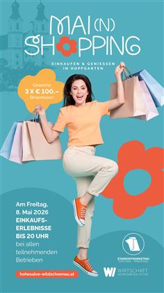Eine fröhliche Person hält Einkaufstaschen und posiert vor einem hellblauen Hintergrund. Der Text kündigt eine Shopping-Veranstaltung in Hoffgarten an.