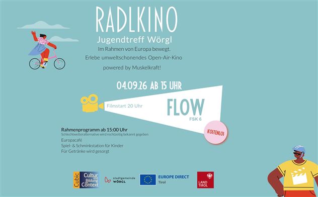 Ein farbenfrohes Plakat für das Radkino Jugendtreff in Worgl. Das Event findet am 04.09.26 ab 15 Uhr statt und präsentiert einen Filmabend.
