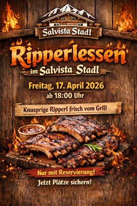 Et indbydende plakat til Ripperlessen i Salvista Stadl. Grillede ribs og informationer om et reservations tilbud er afbilledet.