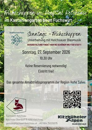 Ein einladender Kastaniengarten beim Fuchs Wirt in Kitzbühel. Es wird ein Sonntag-Frühschoppen mit Blasmusik am 27. September 2026 angeboten.