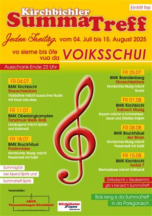 Ein bunter Flyer für das Kirchbichler SummaTreffen. Das Event findet vom 4. Juli bis 15. August 2025 statt und bietet verschiedene Musikveranstaltungen.