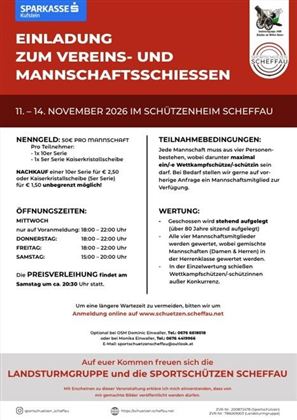 Uitnodiging voor de club- en teamwedstrijd van 12 tot 15 november 2025 in het schuttershuis Scheffau. Bevat informatie over de deelnamevoorwaarden en openingstijden.
