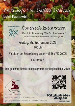 Ein Flyer für ein Oiningerfest in Krafttal Kelchsau beim Fuchs-Wirt. Es werden Musik und kulinarische Köstlichkeiten angeboten, dazu sind Reservierungen erbeten.