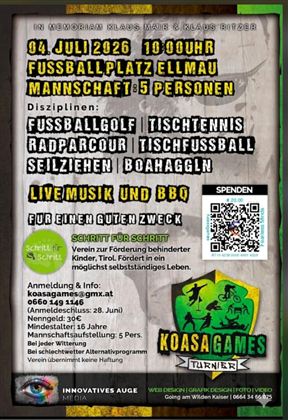 Ein Flyer für die Koasa Games am 4. Juli 2026 in Ellmau. Es enthält Informationen über verschiedene Sportarten und Veranstaltungen für einen guten Zweck.