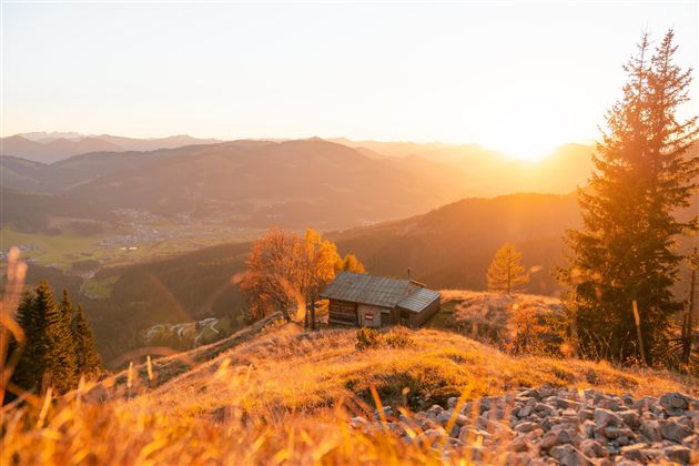 Eine malerische Berglandschaft bei Sonnenaufgang mit goldenem Gras. Im Vordergrund steht eine kleine Hütte, umgeben von Bäumen und sanften Hügeln.