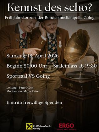 A poster for a spring concert by the Federal Music Band Going. It shows two musicians in traditional attire next to a gramophone with details about the date and time of the concert.