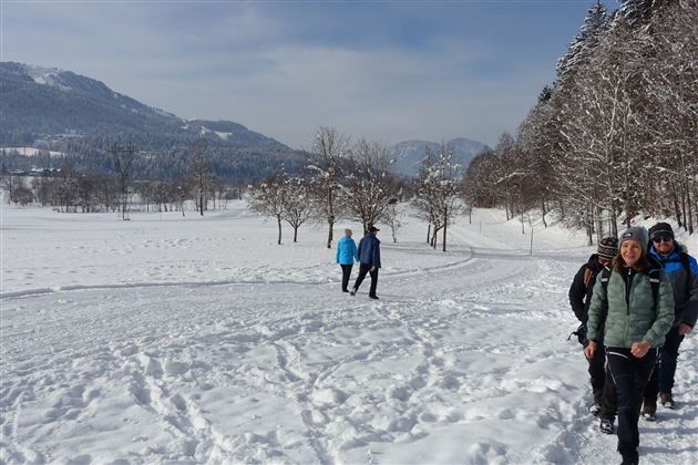 Een met sneeuw bedekte weg met meerdere wandelaars. Op de achtergrond zijn besneeuwde bomen en bergen te zien.