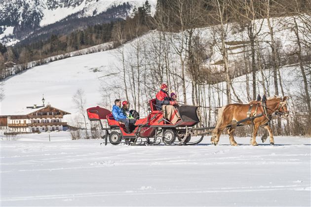 Eine Pferdeschlittenfahrt durch verschneite Landschaft. Im Hintergrund sind Bäume und ein traditionelles Chalet zu sehen.
