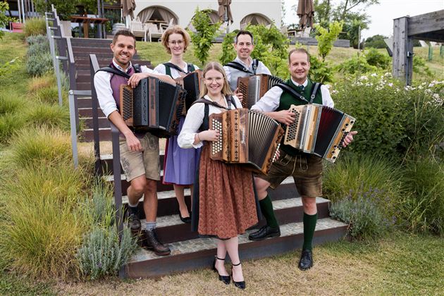 Een man speelt accordeon. op de achtergrond is een decoratief rooster te zien.