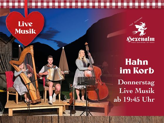 Das Bild zeigt drei Musiker, die auf einer kleinen Bühne im Freien live Musik spielen. Im Hintergrund sind Bäume und ein klarer Abendhimmel zu sehen.