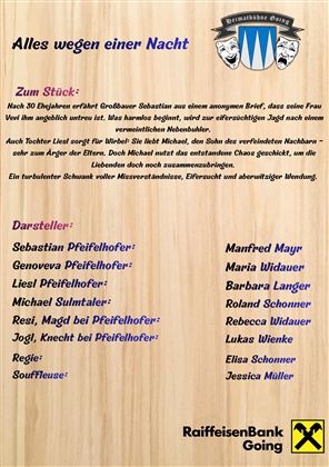 Ein Plakat für das Theaterstück "Alles wegen einer Nacht". Es enthält die Besetzung und eine kurze Beschreibung des Stücks.