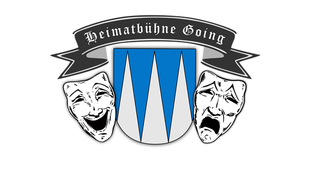Ein Logo der Heimatbühne Going mit zwei Theatermasken, die Freude und Traurigkeit darstellen. Im Hintergrund ist ein Wappen mit blauen und weißen Elementen.