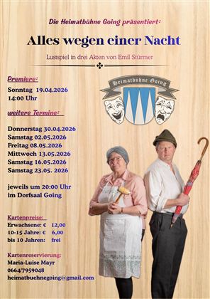 Ein Plakat für ein Theaterstück mit dem Titel "Alles wegen einer Nacht". Es zeigt zwei Schauspieler in Kostümen, die die Details der Aufführungen und Ticketinformationen präsentieren.