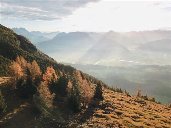 En malerisk bjerglandskab med grønne skove og skrående skråninger. Solen stråler gennem skyerne og belyser scenen blidt.
