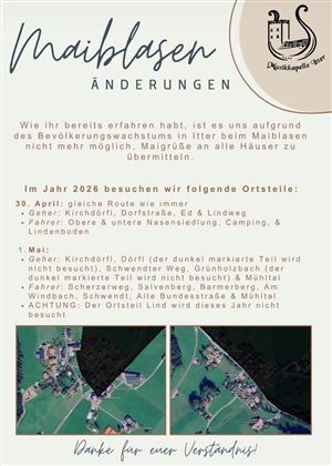 Informační list o Maiblasen, který popisuje změny a trasy pro navštívená místa v roce 2026. Obsahuje detaily o termínech a dotčených obcích.