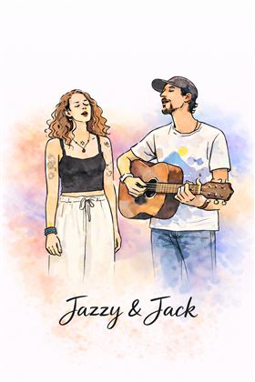 Ein Duo aus zwei Musikern steht auf der Bühne. Die Frau singt und der Mann spielt Gitarre.