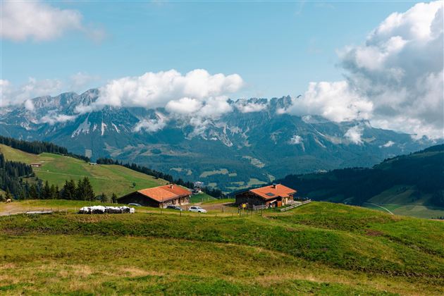 Eine malerische Landschaft mit sanften Hügeln und Bauernhäusern. Im Hintergrund erheben sich majestätische Berge unter einem teilweise bewölkten Himmel.