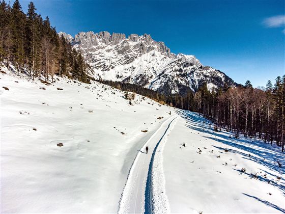 Eine verschneite Landschaft mit einem klaren blauen Himmel und majestätischen Bergen im Hintergrund. Ein schmaler Pfad führt durch die Winterlandschaft.