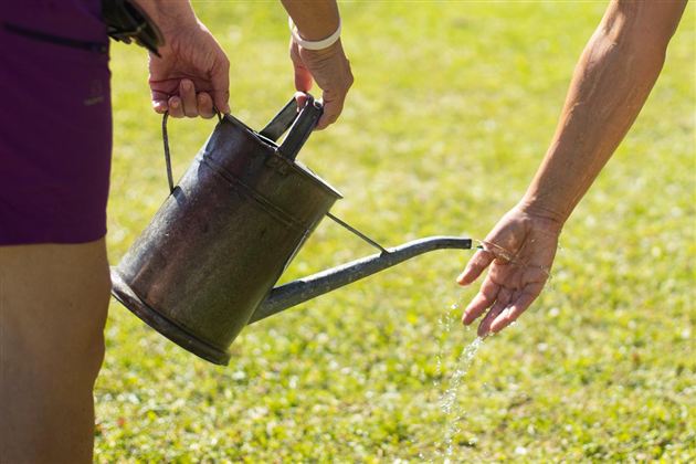 Eine Person gießt mit einer Gießkanne Wasser auf den Boden. Das Gras im Hintergrund ist grün und sonnig.