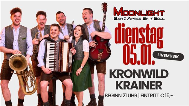 Een groep van zes muzikanten staat samen en glimlacht naar de camera. Ze houden verschillende muziekinstrumenten vast, waaronder een accordeon, een gitaar en een tuba.