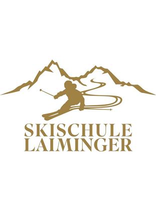 Das Logo der Skischule Laiminger zeigt einen Skifahrer vor einer Bergsilhouette. Darunter steht der Schriftzug "SKISCHULE LAIMINGER" in goldener Schrift.