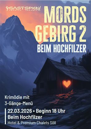 A mysterious event poster for a crime party. It features a cabin in the mountains with a glowing heart and information about a 3-course meal.