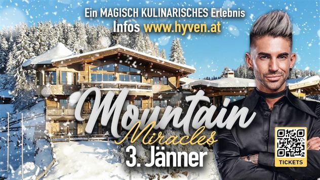 Ein stilvolles Chalet in einer verschneiten Berglandschaft. Anzeige für ein kulinarisches Erlebnis am 3. Januar.