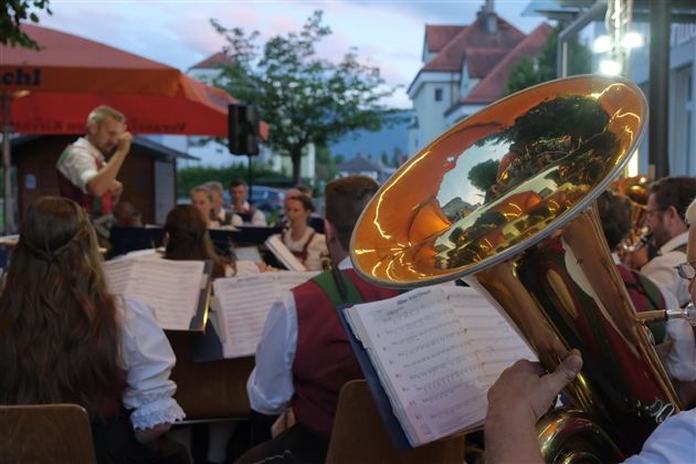 A brass band plays music outdoors. In the foreground, a shiny instrument is visible, while the musicians perform focused in the background.