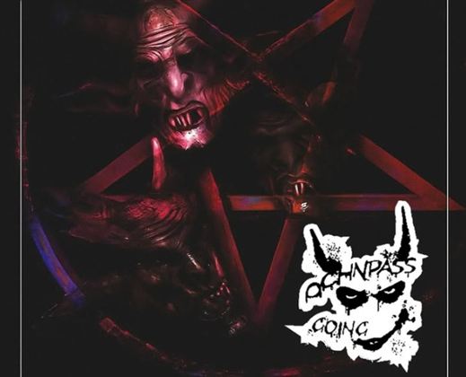 A dark image with a red pentagram shape and grotesque faces. In the lower corner, there is a prominent logo.