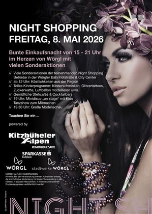 Ein Werbeplakat für eine Nachtshopping-Veranstaltung in Wörgl. Die Veranstaltung findet am 8. Mai 2026 statt und bietet viele Sonderaktionen sowie ein Kinderprogramm.