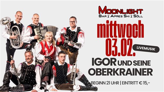 Eine Musikgruppe im traditionellen Outfit spielt Instrumente. Der Text kündigt ein Live-Event im Moonlight Bar in Söll an.