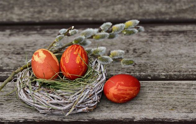 An Easter nest with red-dyed eggs and a willow branch. The background is a wooden surface.