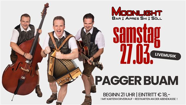 Eine Band, die traditionelle Musik spielt, posiert in Trachten. Das Konzert findet am Samstag, den 13. Dezember, in der Moonlight Bar statt.