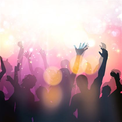 A joyful crowd celebrates with raised hands. The background is colorful and sparkles.