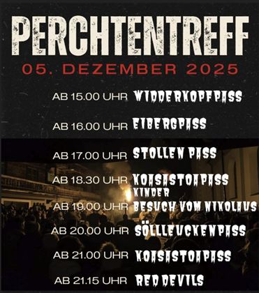The image shows an event poster for the Perchten meeting on December 5, 2025. Various program points and their times are listed.