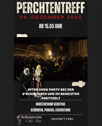 A poster for the Perchten meeting on December 5, 2025. It features an event with music, mulled wine, and festive meals at the village café.